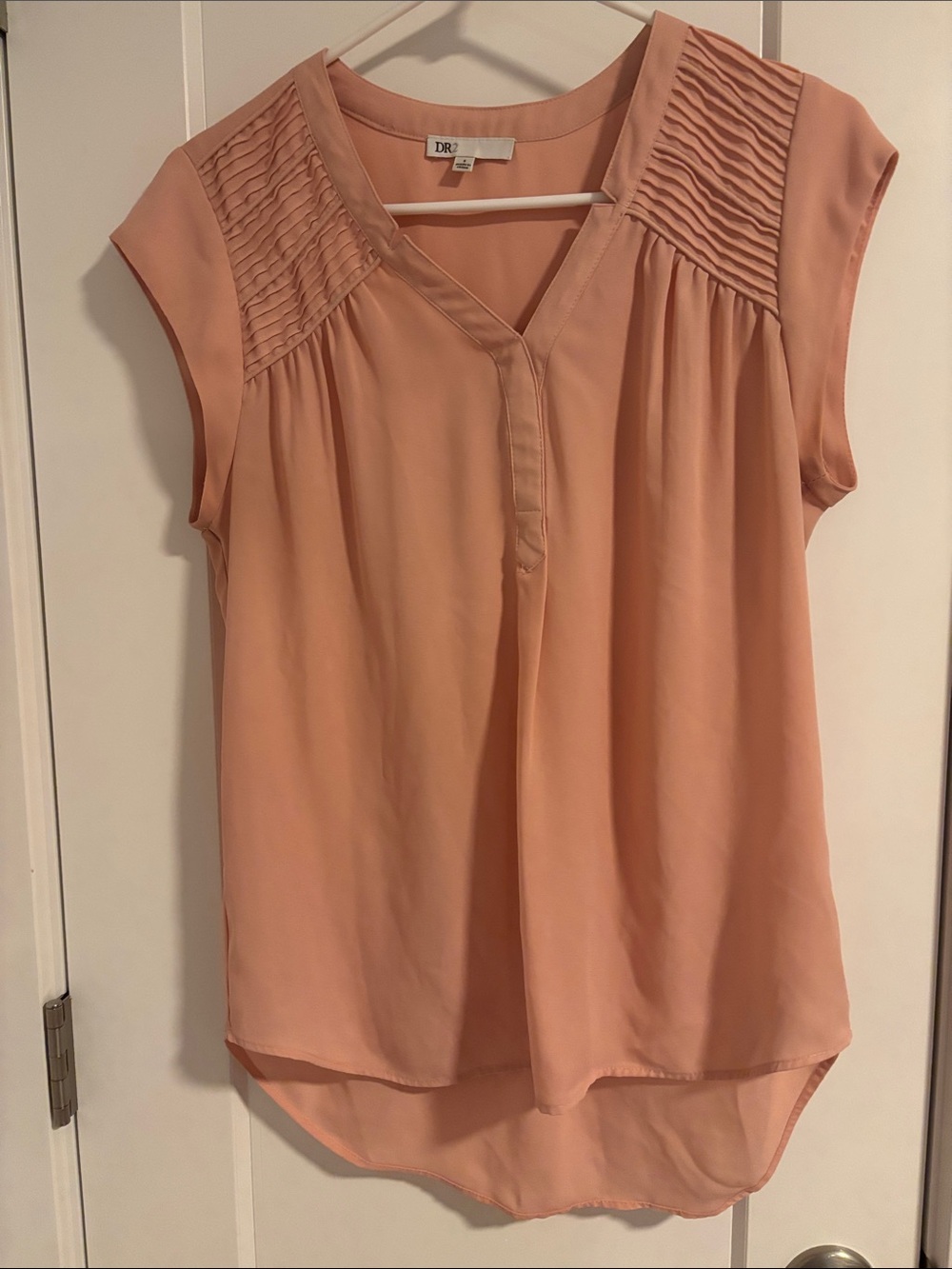 DR2 Peach Pintuck Cap-Sleeve V-Neck Blouse